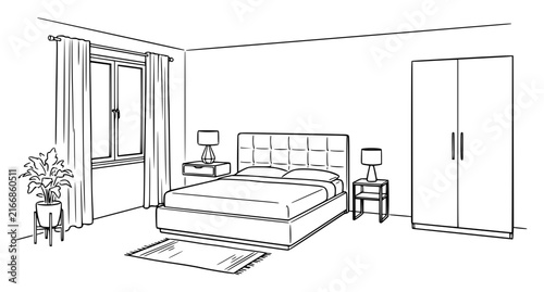 Minimal bedroom furniture home interior black white line art vector sketch