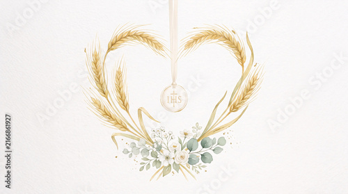 Wheat Heart with Sacred Medal and Flowers Watercolor First Communion Illustration