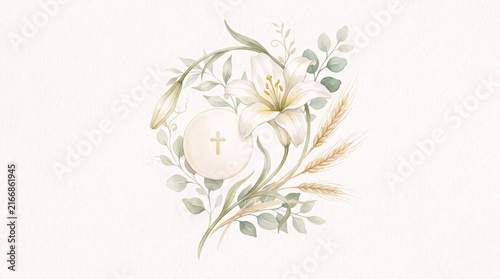 Communion Host with White Lilies Wheat and Eucalyptus Watercolor Illustration