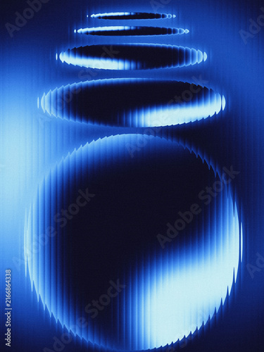 Фотография Abstract dark blue poster background with receding glowing spheres and retro futuristic glitch texture