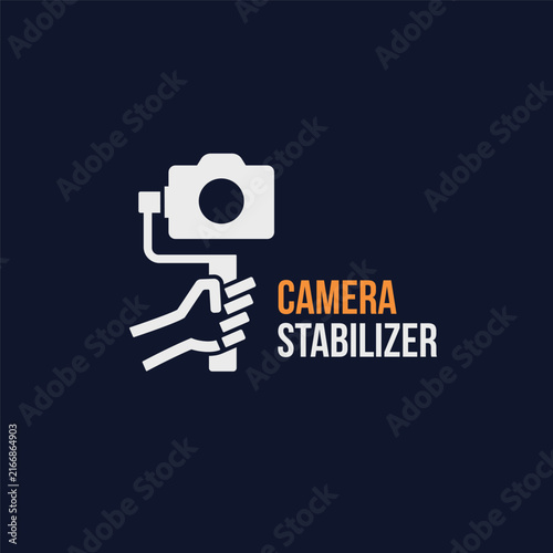 Hand holding camera stabilizer logo design. Videographer symbol icon. Gimbal stabilizer minimal logo sign vector illustration