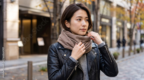 Plakat 肌寒い秋の街角でレザージャケットにマフラーを巻く若い女性