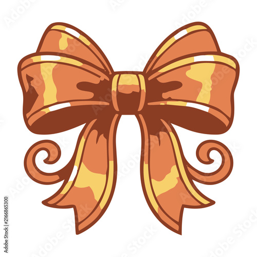 Golden orange gift ribbon bow vector illustration with bright glossy highlights creating a festive warm celebratory mood on white background