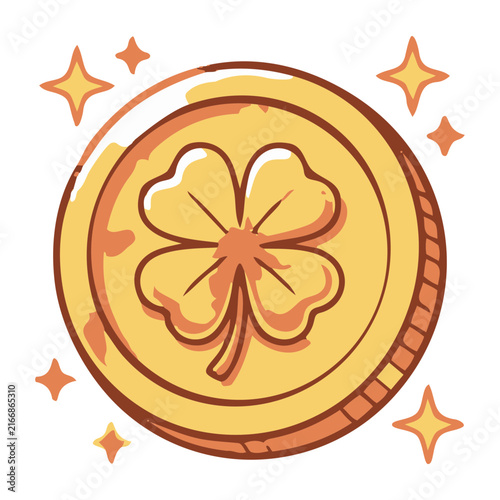 Shiny golden coin featuring a four leaf clover with sparkling warm light and cheerful lucky mood on white background
