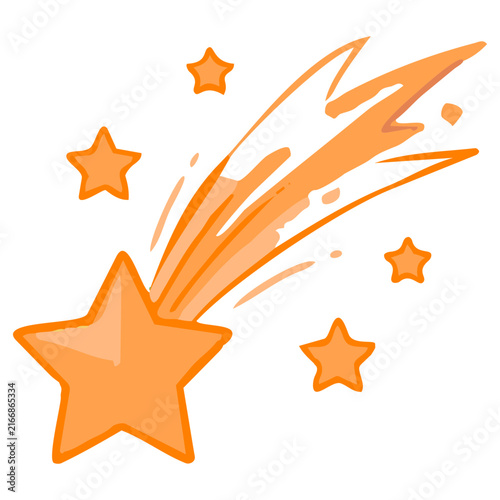 Bright orange shooting star vector illustration featuring dynamic fiery trail with surrounding stars isolated on clear white background