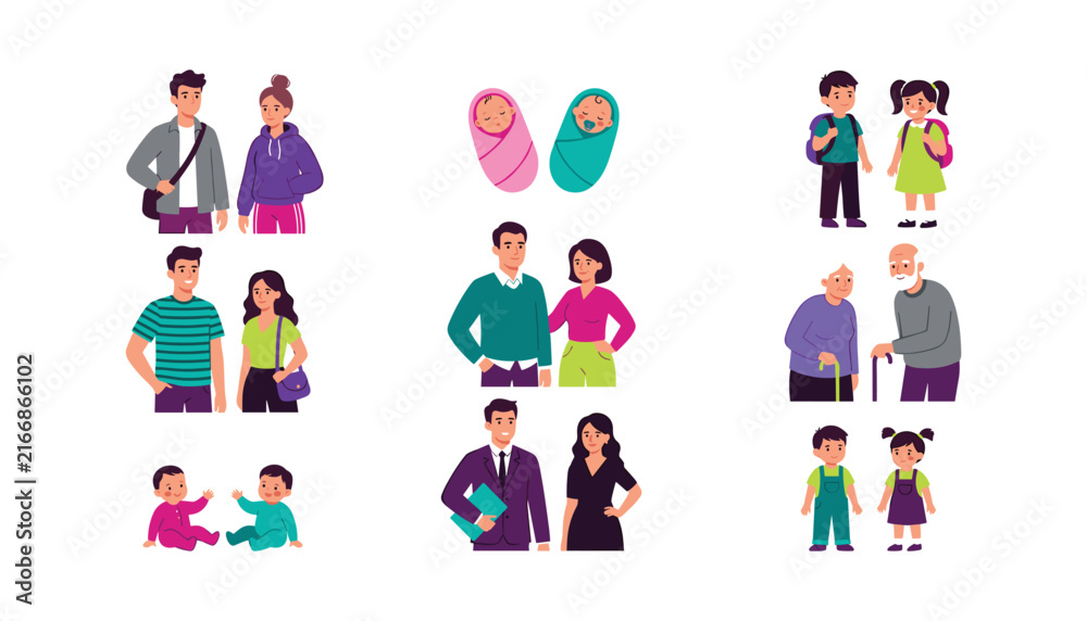 Fototapeta premium Human aging cycle and stage of life vector character collection showing generation from newborn baby to grandparents