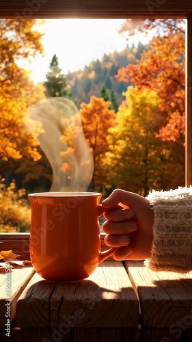 Hot coffee on wooden windowsill overlooking autumn forest.