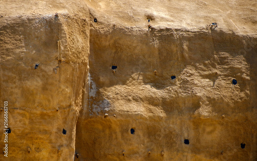 Bild auf Leinwand Textured detail of sandy earthen wall with dark holes and weathered surface