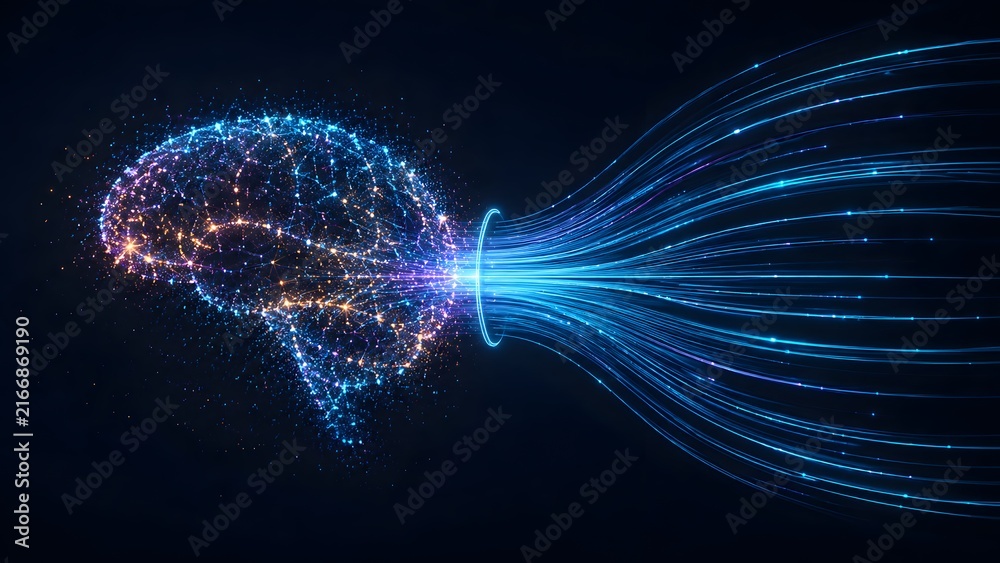 Fototapeta premium Glowing digital brain constellation receiving high speed fiber optic data stream representing artificial intelligence learning and neural network