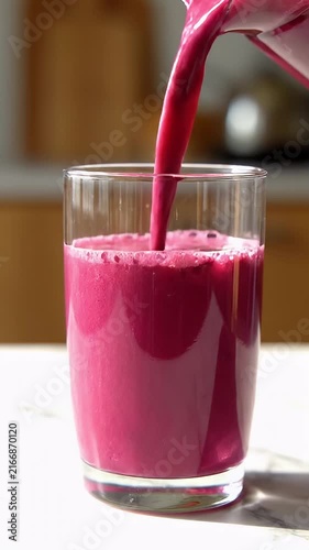 Pink smoothie pouring into a clear glass.