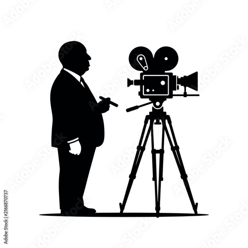 Silhouette of a film director with a cigar next to a vintage movie camera on a tripod capturing the essence of classic filmmaking.