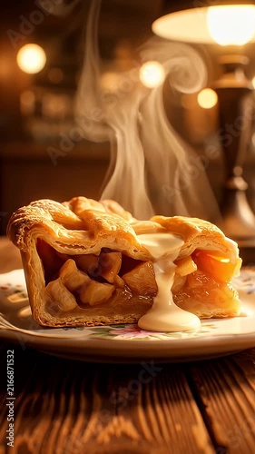 Steaming slice of apple pie on wooden table