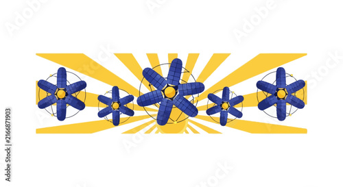 Futuristic Space Solar Panels Arranged as Flowers on Sunburst Background