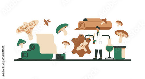 Sustainable Mycelium Mushroom Leather Production Scientist in Lab Illustration
