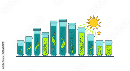 Microalgae Biofuel Research Illustration with Test Tubes and Sun