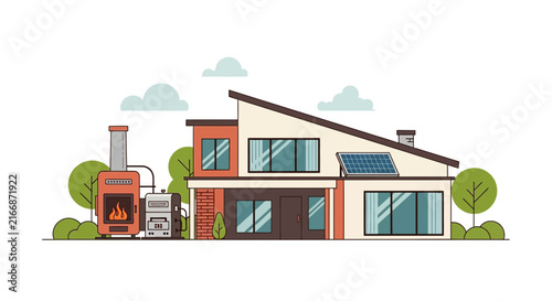 Modern Eco-Friendly House Vector Illustration with Solar Panels and Wood Stove