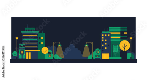Flat Vector City Nightscape with Illuminated Buildings and Street Lamps