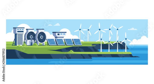 Renewable Energy Power Plant Vector Illustration with Solar Panels and Wind Turbines