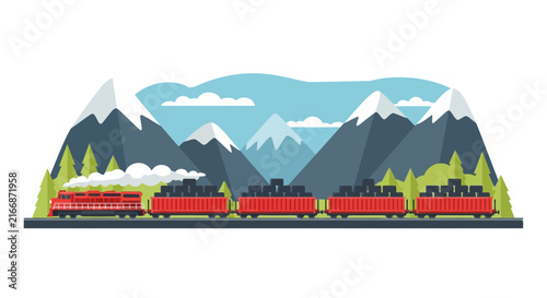 Flat Vector Illustration of a Red Freight Train Carrying Cargo Through a Snowy Mountain Landscape