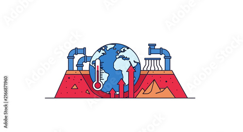 Global Warming Illustration with Earth Thermometer and Industrial Pipes for Climate Change Awareness