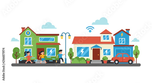 Smart Neighborhood Illustration Featuring Green Energy, Electric Car, and Sustainable Living Concept