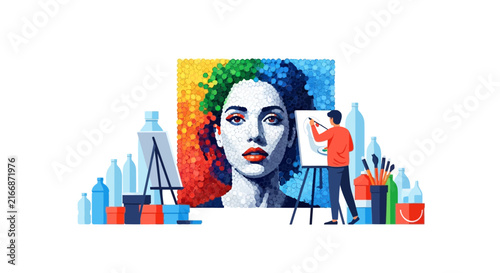 Eco-Friendly Art Illustration: Artist Creating Woman's Portrait from Recycled Plastic Bottle Caps