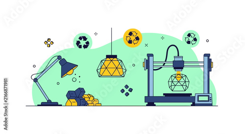 Eco-friendly 3D printing and recycling concept for sustainable manufacturing.