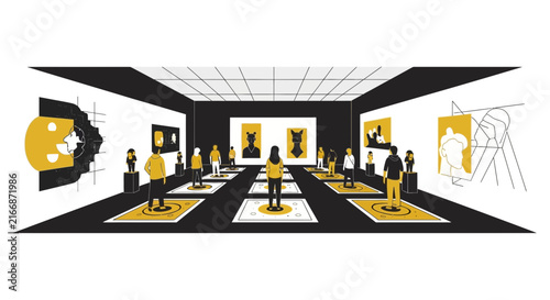 Modern digital art gallery illustration featuring people viewing virtual exhibits in a metaverse space.