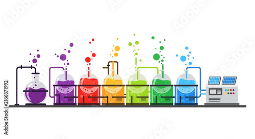Colorful Laboratory Flasks Connected to Solar Power Control Panel Vector Illustration