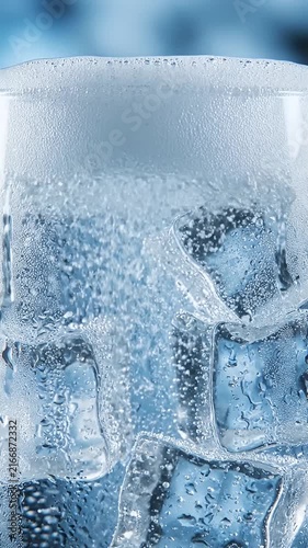 Water pouring into glass with ice cubes.