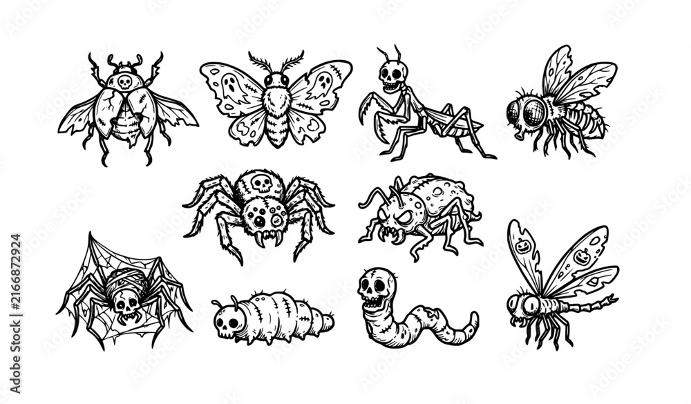 Obraz premium Halloween Zombie Bug and Spider Hand Drawn Doodle Vector Illustration Set