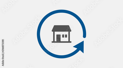 Blue circular arrow rotating around a house icon