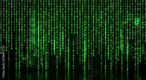 Digital binary code streaming down green background