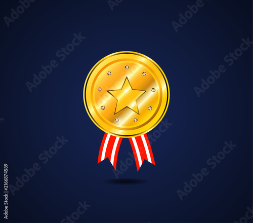 Golden medal with star emblem and red stripes against a dark blue background symbolizing achievement