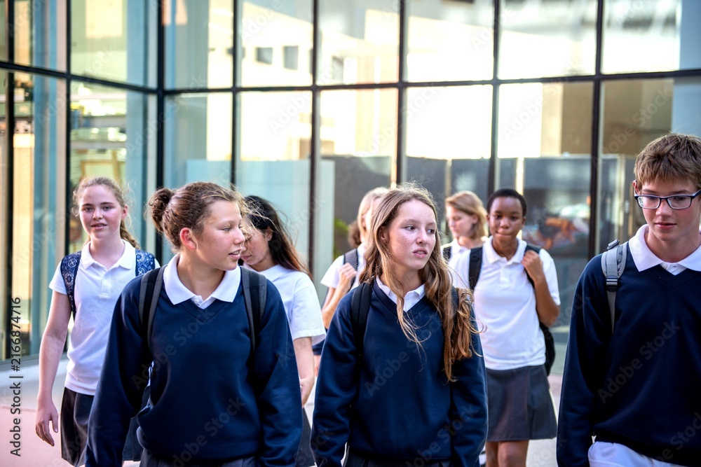 Obraz premium Students walking outside school building.