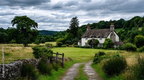 Scenic countryside view with charming cottage and dramatic clouds
