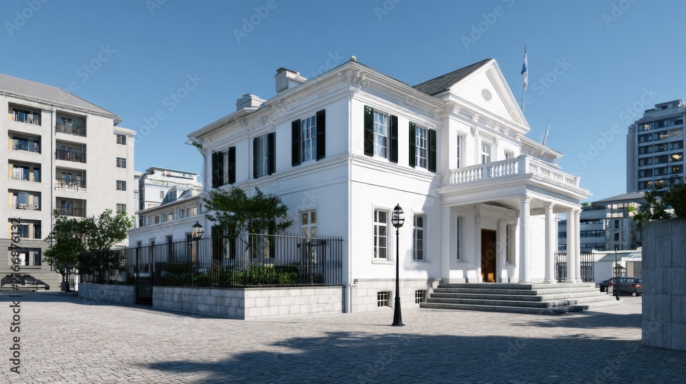 Obraz premium Classic White Mansion with Architectural Elegance and Modern Surroundings