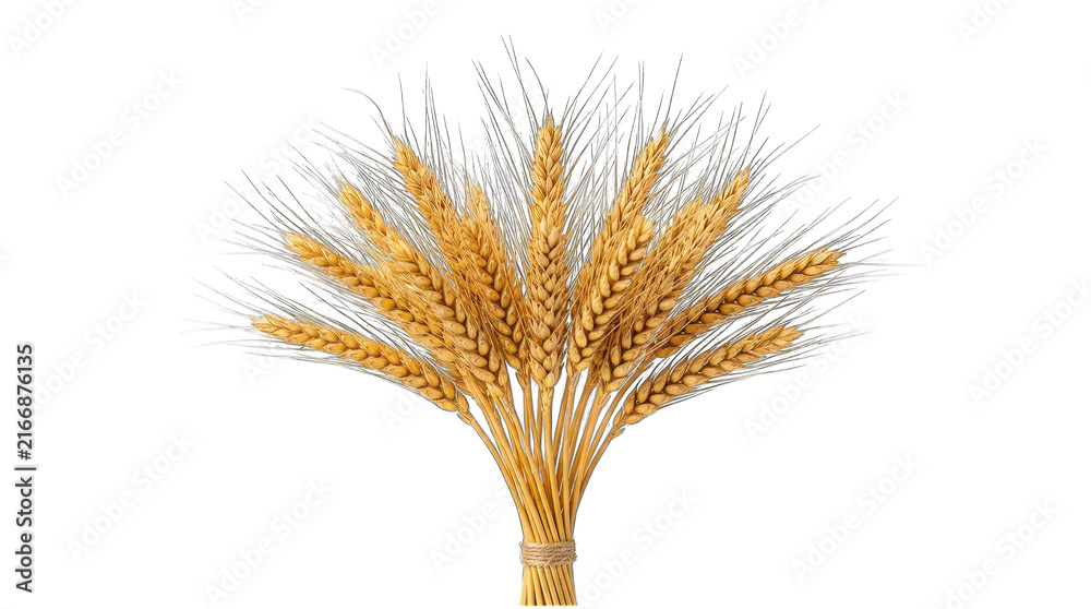 Fototapeta premium Sheaf of golden ripe wheat stalks tied with twine isolated on transparent background.