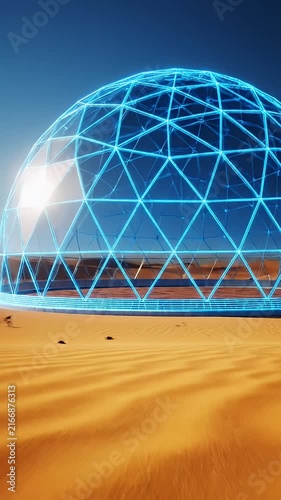 Holographic blue dome on desert sand at night.