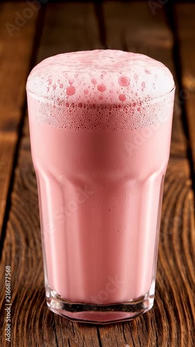 Pink smoothie pouring into glass on rustic wooden table.