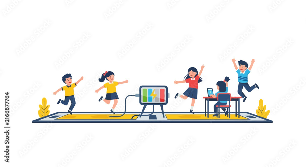 Naklejka premium Happy Children Playing Around Giant Battery and Digital Device Illustration Representing Energy Vitality and Educational Technology Concept