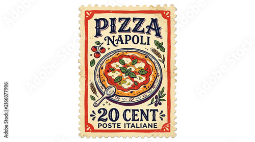 Vintage Italian postage stamp illustration featuring a traditional Neapolitan pizza with basil and tomatoes