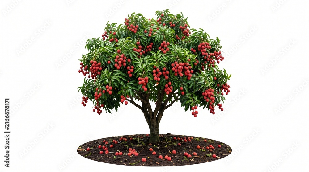 Naklejka premium Ripe lychee tree with fallen fruits isolated on white background