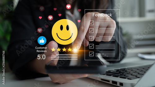Photography A customer shares positive feedback through a smartphone in a modern office setting, highlighting the importance of ratings and customer reviews for business success