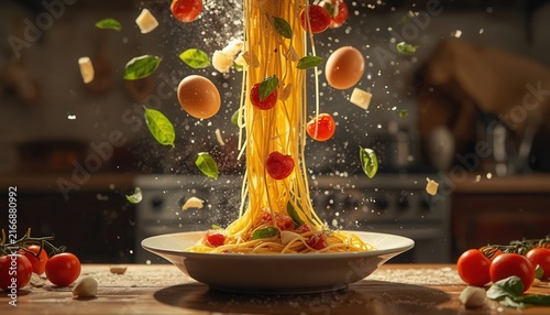 Italian Cuisine Creation: A dramatic explosion of pasta, tomatoes, basil, and cheese erupts from a white plate, creating a culinary spectacle.