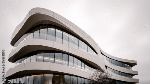 Modern architectural design of a sleek curved building with windows
