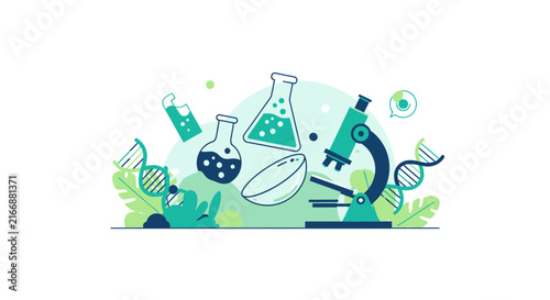 Science and Biotechnology Flat Vector Illustration with Microscope and Lab Glassware