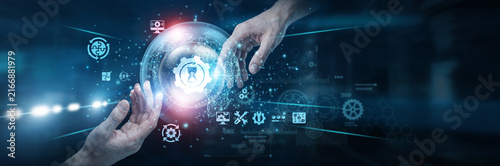 Fotografía Team Hands of human touching on work in progress network connection, ongoing development systems tracking tasks collaboration progress improvement workflow efficiency