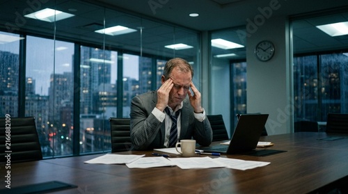 Stressed Businessman Holding Head in Office Meeting Room at Night