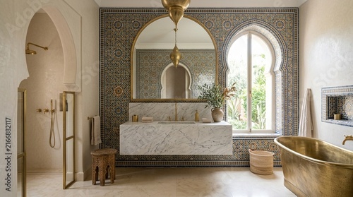 Luxurious Moroccan Bathroom with Bathtub, Marble Vanity, and Arched Windows